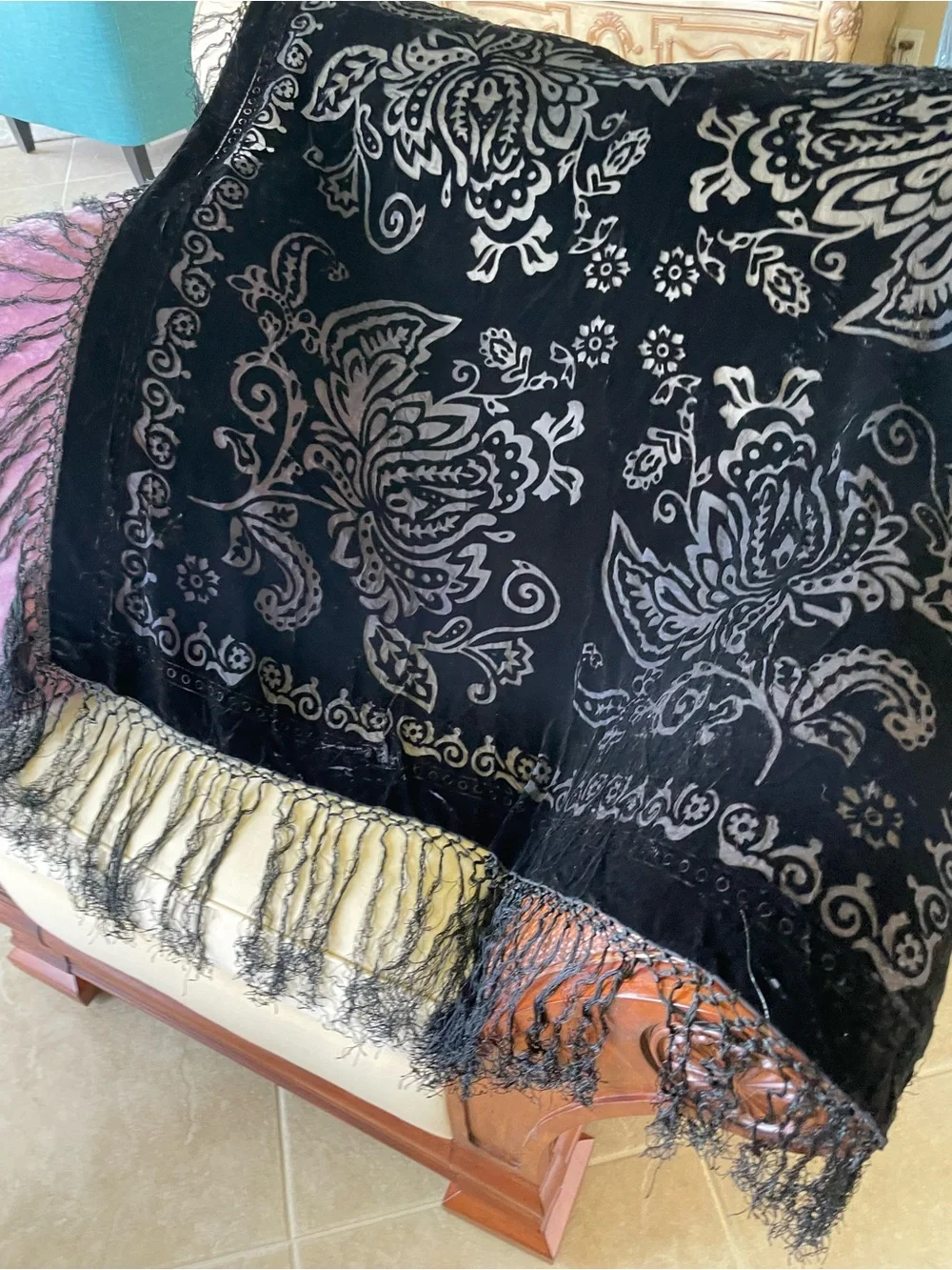 Vintage Black Floral Velvet Fringe Piano Shawl Throw Women's Evening Wrap
